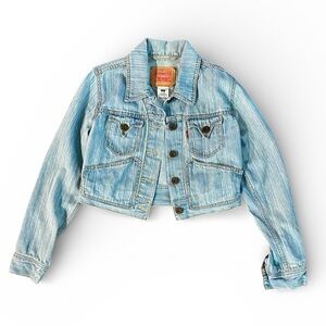 Levi’s Jacket Girl's L Light Blue Wash Cropped Stretch Denim Trucker Jean Jacket